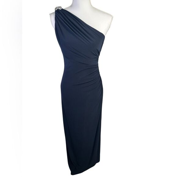 Betsy & Adam Navy Asymmetrical One Shoulder Cocktail Wedding Guest Dress Size 4 - Picture 1 of 14